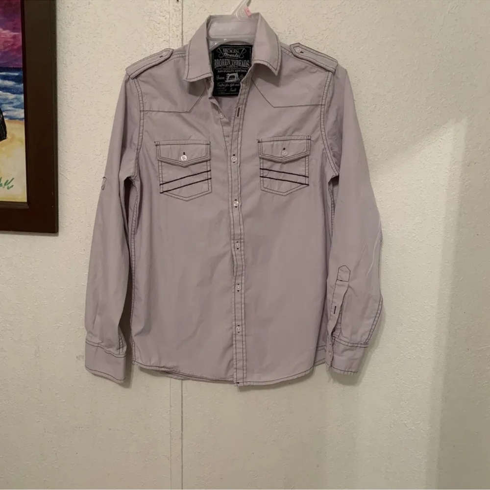 Mens Broken Threads Gray Adjustable Sleeves Buttons Down Shirt S Sz 100%cotton